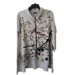 Et’ Lois Wearable Art Zip Up Cardigan Sweater Gray Paris Dog Print Medium/Large